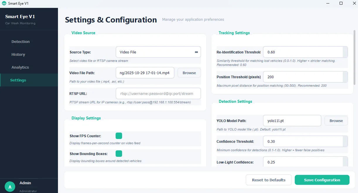 Smart Eye Settings and Configuration tab with video source, tracking, display, and detection parameter controls